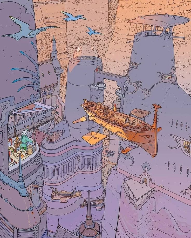 Flying boat through a canyon city