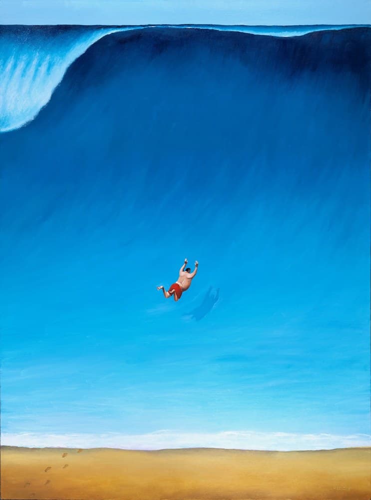 Painting of a person diving into a massive wave