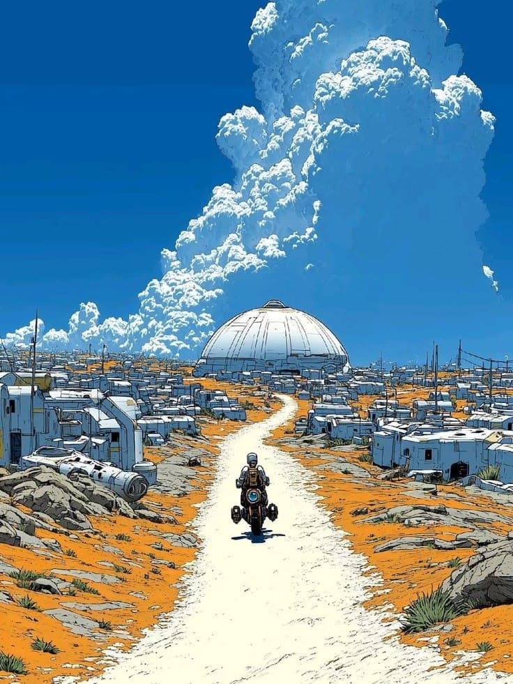 Rider on a path toward a domed settlement under a towering cloud