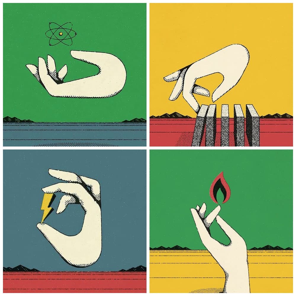 Four illustrations of a hand holding an atom, dominoes, lightning, and flame